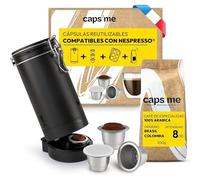 CAPS ME - Complete Refillable Capsule Kit for Nespresso Original (1 Shaker + 3 Reusable Stainless Steel Pods + 48 Paper Lids + Premium Coffee) - Economical and Ecological Gift