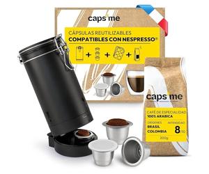 CAPS ME - Complete Refillable Capsule Kit for Nespresso Original (1 Shaker + 3 Reusable Stainless Steel Pods + 48 Paper Lids + Premium Coffee) - Economical and Ecological Gift