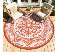 Capslpad 5x5 Floral Outdoor Rug for Patio Clearance Reversible Mat Round Portable Plastic Straw Carpet Waterproof Boho Indoor Outside Area Rugs for RV Camping Picnic Balcony Beach Deck, Orange