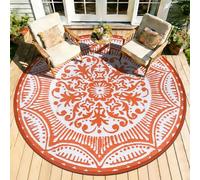 Capslpad 6x6 Floral Outdoor Rug for Patio Clearance Reversible Mat Round Portable Plastic Straw Carpet Waterproof Boho Indoor Outside Area Rugs for RV Camping Picnic Balcony Beach Deck, Orange
