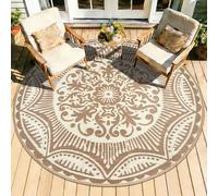 Capslpad Waterproof Outdoor Round Rug ø150cm Reversible Garden Rugs Round Boho Plastic Straw Circle Rug Portable RV Camping Carpet Indoor Outside Mat for Backyard Trailer Balcony Picnic Decor, Beige
