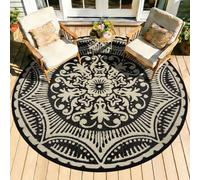Capslpad Waterproof Outdoor Round Rug ø150cm Reversible Garden Rugs Round Boho Plastic Straw Circle Rug Portable RV Camping Carpet Indoor Outside Mat for Backyard Trailer Balcony Picnic Decor, Camel