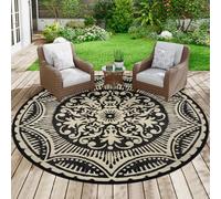 Capslpad Waterproof Outdoor Round Rug ø180cm Reversible Garden Rugs Round Boho Plastic Straw Circle Rug Portable RV Camping Carpet Indoor Outside Mat for Backyard Trailer Balcony Picnic Decor, Camel