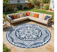 Capslpad Waterproof Outdoor Round Rug ø240cm Reversible Garden Rugs Round Boho Plastic Straw Circle Rug Portable RV Camping Carpet Indoor Outside Mat for Backyard Trailer Balcony Picnic Decor, Blue