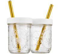 Capsule Classic Reusable Wide Mouth Smoothie Cups for Boba Tea/Bubble Tea with Lids and Gold Straws, Mason Jars Glass Cups (2-pack, 16 oz) Brand