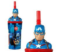 Captain America 3D Figurine Plastic Tumbler Beaker with Flexi Straw - 360ml - 7cm Diameter x 14cm Height - Sturdy Novelty Enclosed Drinking Cup.
