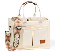 Captain Blues Canvas Tote Bags for Women, Multi-Pocket Tote Bag with Compartments, Large Capacity Shoulder Bag for Work, School (Beige)