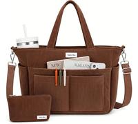 Captain Blues Corduroy Tote Bag for Women with Zip, Large Capacity Work Bag with 14 Pockets & Compartments, Adjustable Shoulder Strap, Ideal for School, Travel, College & Teachers (Coffee Brown)