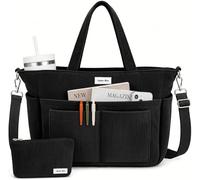 Captain Blues Corduroy Tote Bag for Women with Zip, Large Capacity Work Bag with 14 Pockets & Compartments, Adjustable Shoulder Strap, Ideal for School, Travel, College & Teachers (Black)