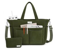 Captain Blues Corduroy Tote Bag for Women with Zip, Large Capacity Work Bag with 14 Pockets & Compartments, Adjustable Shoulder Strap, Ideal for School, Travel, College & Teachers (Green)