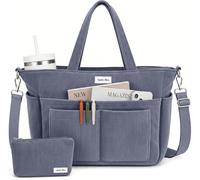 Captain Blues Corduroy Tote Bag for Women with Zip, Large Capacity Work Bag with 14 Pockets & Compartments, Adjustable Shoulder Strap, Ideal for School, Travel, College & Teachers (Grey)