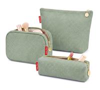 Captain Blues Makeup Bag 3 Piece Set, Corduroy Small Makeup Bag with Compartments, Cosmetic Bag Pouch, Toiletry Bag and Travel Make Up Bag for Handbag (Soft Green)