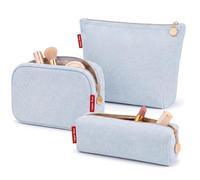 Captain Blues Makeup Bag 3 Piece Set, Corduroy Small Makeup Bag with Compartments, Cosmetic Bag Pouch, Toiletry Bag and Travel Make Up Bag for Handbag (Soft Blue)