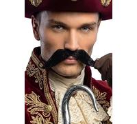 Captain Hook Style Curly Black Stick On Fake Moustache, Costume Accessory