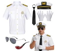 Captain Sailor Costume Men Halloween Navy Outfit with Captains White Jacket Hat Gloves Boat Nautical Attire for Cosplay Party