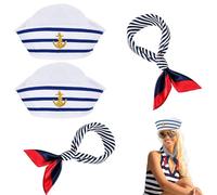 Captain-Sailor-Dressing-Accessory Captain Sailor Costume Set - Blue and White Striped Sailor Captains Hat＆Red Edge Blue Bar Square Scarf，Navy Outfit Dressing Up Party for Women Men Costume Accessory