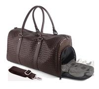 CAPTAIN VIKINGS Weekender Bag for Women Men Water-resistant Gym Tote, Leather Woven Travel Duffel Bags with Shoe Compartment, Coffee, L, Leisure