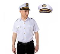 Captain White Shirt + Classic Captain Hat : Adult Men Sea Sailor Maritime Naval Fancy Dress Costume Accessories (Large)