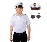 Captain White Shirt + Classic Captain Hat + Aviator Sunglasses : Adult Men Sea Sailor Boat Ship Skipper Maritime Naval Fancy Dress Costume Accessories (Large)