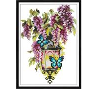 CaptainCrafts Cross Stitch Kits Counted Cross Stitch Unpreprinted Fabric Cross Stitch DIY Art Embroidery Kits for Adults (Unpreprinted 14CT, Flowers Butterflys lampstand A)
