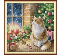 CaptainCrafts Cross Stitch Kits, Counted Cross Stitch Unpreprinted Fabric DIY Art Embroidery Kits (Unpreprinted 14CT, Christmas Kitty)