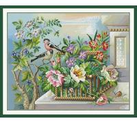 CaptainCrafts Cross Stitch Kits, Counted Cross Stitch Unpreprinted Fabric DIY Art Embroidery Kits (Unpreprinted 14CT, Bird Joy on a Branch)