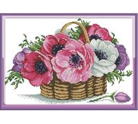 CaptainCrafts Cross Stitch Kits, Flowers Counted Cross Stitch Unpreprinted Fabric Cross Stitch DIY Art Embroidery Kits for Adults (Unpreprinted 14CT, A Basket of Flowers)