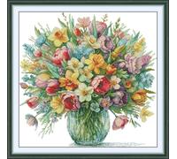 CaptainCrafts Cross Stitch Kits, Flowers Counted Cross Stitch Unpreprinted Fabric DIY Art Embroidery Kits (Unpreprinted 14CT, lit. Flowers Bloom)