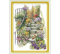 CaptainCrafts Cross Stitch Kits for Adults Counted Cross Stitch Unprinted 14CT Embroidery Starter Kits for Beginner Adults - Flower Stairs (No preprint 14CT)
