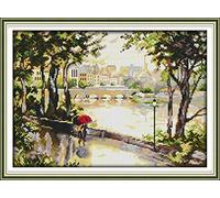CaptainCrafts Cross Stitch Kits for Adults Landscape Counted Cross Stitch Unpreprinted Fabric Embroidery Kits Needlework Crafts (Unpreprinted 14CT, Couple in The Rain)