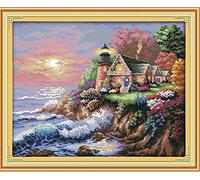 CaptainCrafts Cross Stitch Kits for Adults Stamped Cross Stitch Preprinted Fabric DIY Art Embroidery Kits Needlework Crafts (Preprinted 11CT, The Seaside Lighthouse)