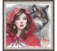 CaptainCrafts Cross Stitch Kits for Adults Stamped Cross Stitch Printed Fabric Embroidery DIY Needlework Home Decor (Preprinted 11CT, The Girl in Red and The Big Bad Wolf)