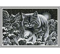 CaptainCrafts Cross Stitch Kits, Preprinted Fabric Cross Stitch DIY Art DMC Needlecrafts Embroidery Kits for Adults Beginners (Black Cat on Snowy Night, Stamped 14CT)