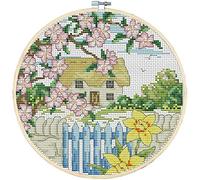 CaptainCrafts Cross Stitch Kits, Stamped Cross Stitch Pre-printed 11CT Fabric DMC DIY Art Embroidery kits Needlework Crafts Four Seasons Home Landscape (Spring, Stamped 11CT)