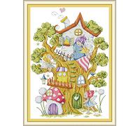 CaptainCrafts Cross Stitch Kits, Stamped Cross Stitch Preprinted 14CT Fabric Embroidery Kits Needlework Crafts (Stamped 14CT, Tree Houses Elves)