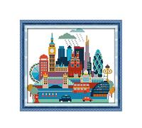 CaptainCrafts Cross Stitch Kits, Stamped Cross Stitch Preprinted Fabric Cross Stitch Adults Embroidery Kits Cartoon Cityscape (Preprinted 11CT, London)