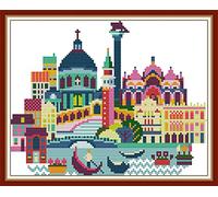 CaptainCrafts Cross Stitch Kits, Stamped Cross Stitch Preprinted Fabric Cross Stitch Adults Embroidery Kits Cartoon Cityscape (Preprinted 11CT, Venice)