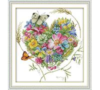 CaptainCrafts Cross Stitch Kits Stamped Cross Stitch Preprinted Fabric Cross Stitch DMC DIY Art Embroidery Kits for Adults Home Decor (Preprinted 11CT, Butterflies Love Heart Shaped Flower)