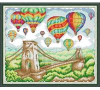 CaptainCrafts Cross Stitch Kits, Stamped Cross Stitch Preprinted Fabric DIY Art Embroidery Kits Needlework Crafts (Preprinted 11CT, Hot air Balloon on The Bridge)