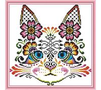 CaptainCrafts Cross Stitch Kits, Unpreprinted14CT Fabric Cross Stitch DIY Art DMC Needlecrafts Embroidery Kits for Adults Beginners (Unpreprinted 14CT, Flower Cat)