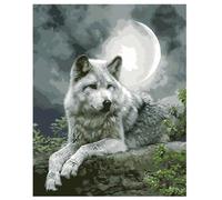 CaptainCrafts DIY Paint by Numbers for Adults Beginners 16x20 inch Oil Painting Wolf under the Moon (Frameless)