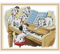 CaptainCrafts New Counted Cross Stitch Kits No pre-Printed Fabric Cross Stitch Set DMC DIY Art Embroidery Kits Needlework Crafts Five Dalmatians Dog Playing The Piano (White 11CT)