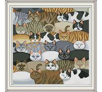 CaptainCrafts New Counted Cross Stitch Kits No pre-Printed Fabric Cross Stitch Set DMC DIY Art Embroidery Kits Needlework Crafts A Group of Cats Family (No preprint White)