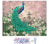 CaptainCrafts New DIY Paint by Numbers 16x20 " for Adults Beginner kit, LINEN Canvas - Amazing Peacock Yutai Linghua (With Frame)