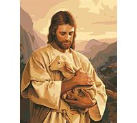 CaptainCrafts Paint by Numbers, Paint by Numbers for Adults DIY Oil Painting Linen Canvas Wall Art Home Decor 16 * 20 Inch (Jesus Embrace Small Shepherd, with Frame)