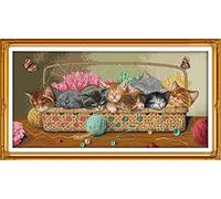 CaptainCrafts Stamped Cross Stitch Kits Pre Printed Fabrics Cross Stitch Embroidery Kit Needlework Crafts Newborn Eight Kittens in The Basket (Stamped)