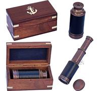 Captains 6" Brass Handheld Mini Telescope with Wooden Box Nautical Leather Telescope Collectibles Gift Item