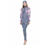 CaptainSwim New Muslim Women Modest Swimsuit Full Coverage Floral Print Three Piece Islamic Hijab Ladies Beachwear Swimming Burkini Swimwear (UK, Alpha, 3XL, Regular, Regular, Standard, Grey)