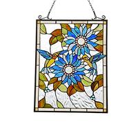 Capulina Stained Glass Window Hangings, Handmade Tiffany Art Style Sunflower and Birds Rectangle Window Panel for Window and Glass Door