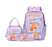 Capybara 3Pcs Backpack Set for Girls, Fish Pattern School Bag with Lunch Bag & Pencil Case, Cute Lightweight Bookbag for Kids Age 8-12, Preppy Back to School Bag for Children (Happy-Birthday, Purple)